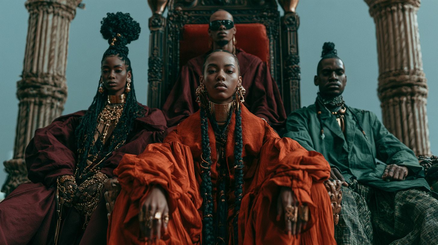 Four figures in ember, olive and teal robes seated on gilded thrones